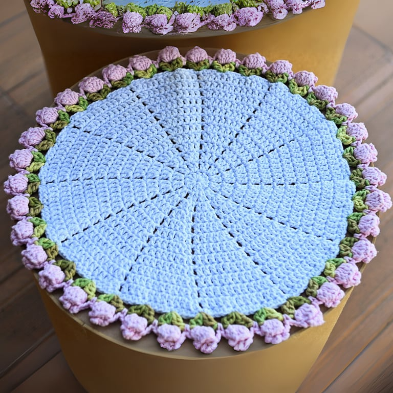 Jogo americano de crochê azul com borda em flores rosa e verde