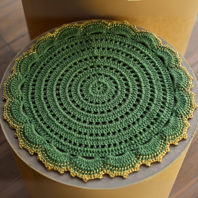 Jogo americano de crochê verde com bico rendado e detalhe dourado