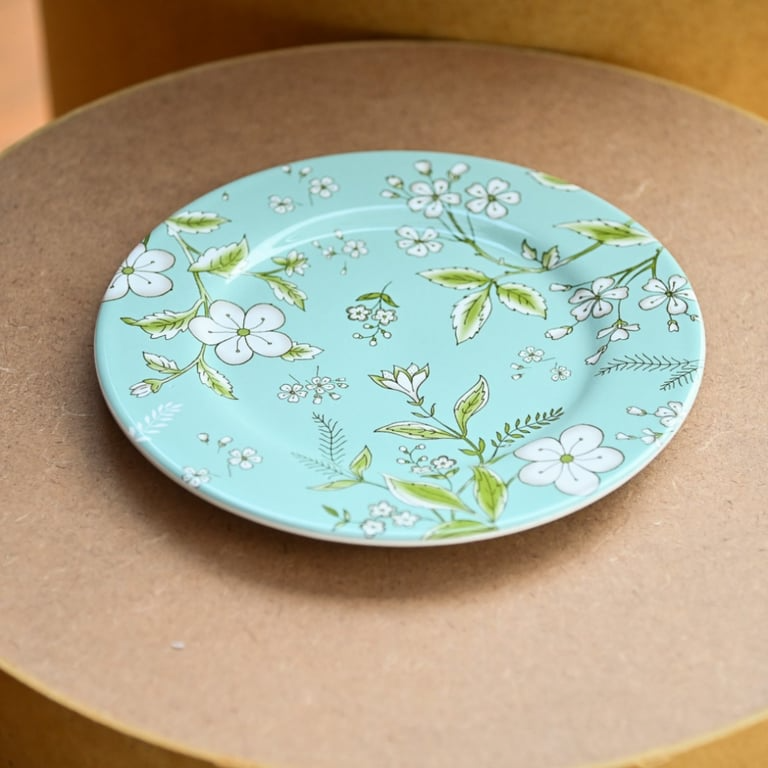 Prato de sobremesa com estampa floral em fundo azul claro